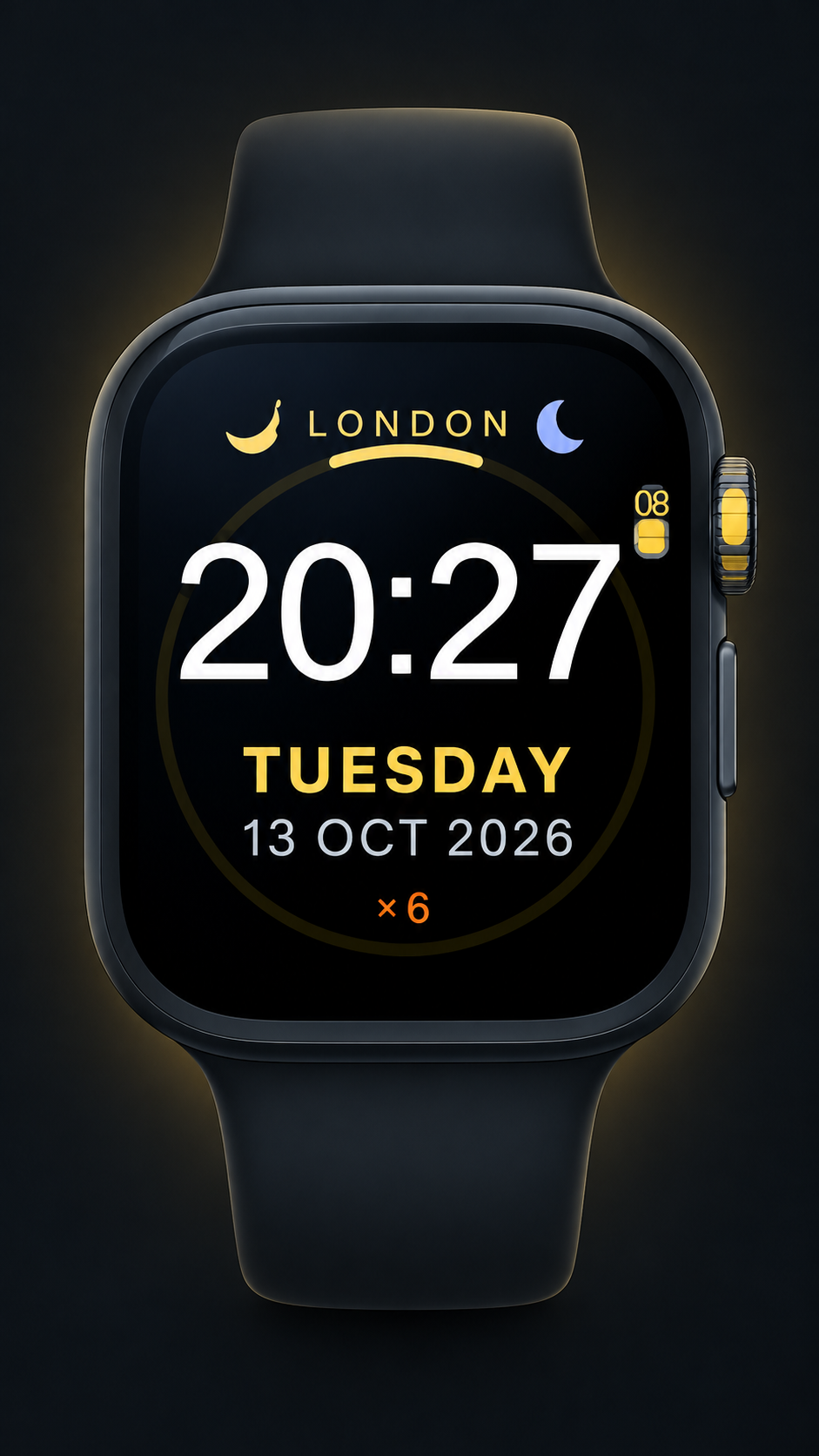The Smoke smartwatch interface showing London, the current time, Tuesday 13 Oct 2026, and a small status counter